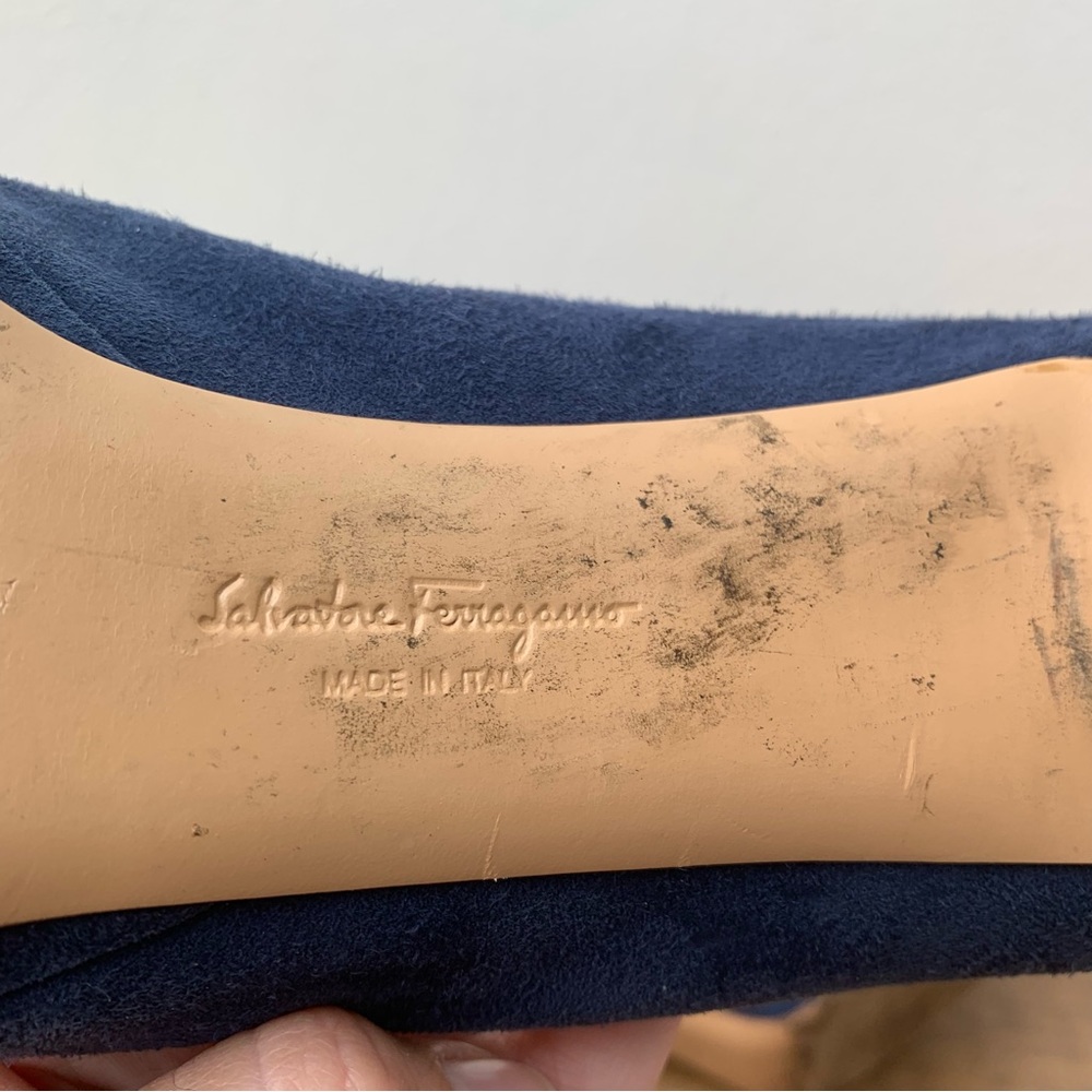 Salvatore Ferragamo Size US 10 C Blue Suede Heels Pumps Vara Bow Peep Toe Logo - Picture 11 of 11